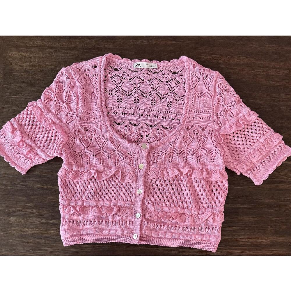 Zara Crochet Cardigan Sweater Womens Medium Pink Knit Crop Bolero